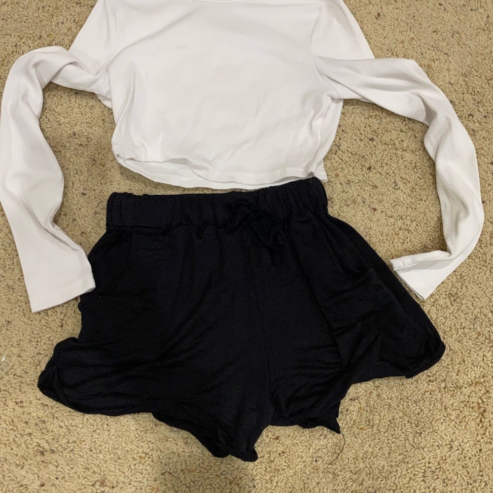 SHEIN White Ribbed Crop Top & Fitz Eddi Black Lounge Shorts Set Small
